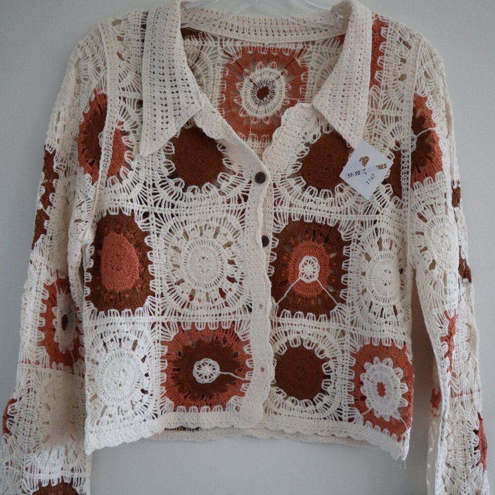 Crochet cardigan, apricot, S - cozy cottagecore cotton cute knitwear